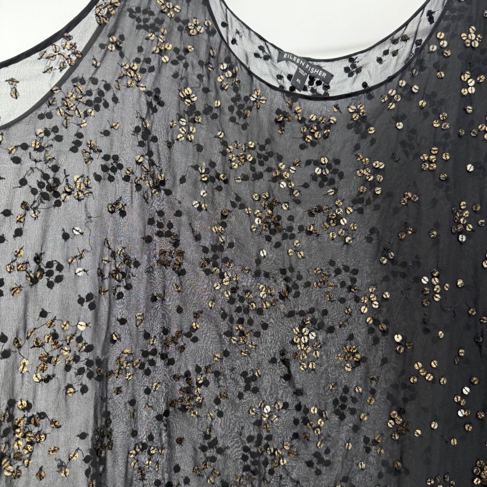 Eileen Fisher Silk Sequin Black Sheer High-Low Shift Dress Gold XL Sleeveless - Picture 5 of 9